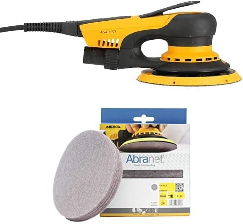 Mirka DEROS II 625 Ponceuse excentrique avec aspiration pour papier abrasif Ø 150mm, course 2,5mm et Abranet Disques abrasifs Ø 150mm autoagrippant, Grain P120, 10 pcs