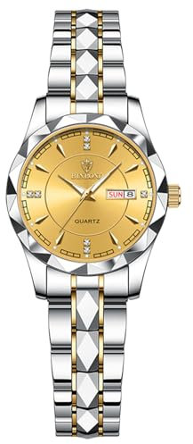 JewelryWe Damenuhr Edelstahl Uhren Damen: 30m Wasserdicht Kalender Analog Quarz Armbanduhr Frauen Gold Silber Edelstahl Armband Lässig Business Uhr mit Gold Zifferblatt und Leuchtzeiger