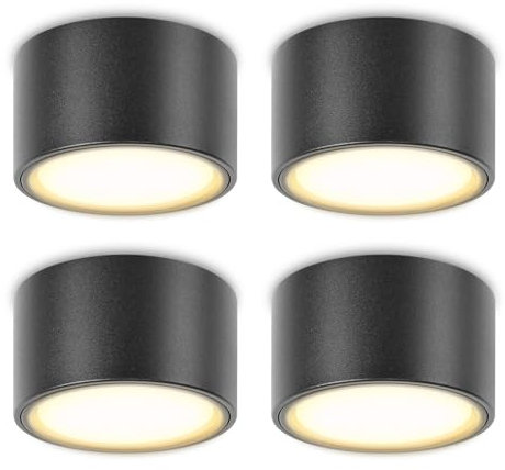 YindaLux 4 Stück LED Aufbauspot Schwarz flach 230V Ø95x55mm Decken Aufbaustrahle inkl. 6W GX53 Leuchtmittel Warmweiß 3000K 660LM Deckenspot Aufputz Deckenstrahler mit großer Leuchtfläche Spotleuchte