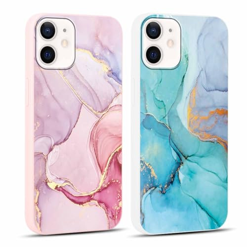 Foonary 2 Pieces Case for iPhone 12/iPhone 12 Pro 6.1 Inch with Shiny Marble Pattern Aesthetic Design Case, Soft TPU Silicone Shockproof Bumper Case Cover for iPhone 12 Pro, Pink
