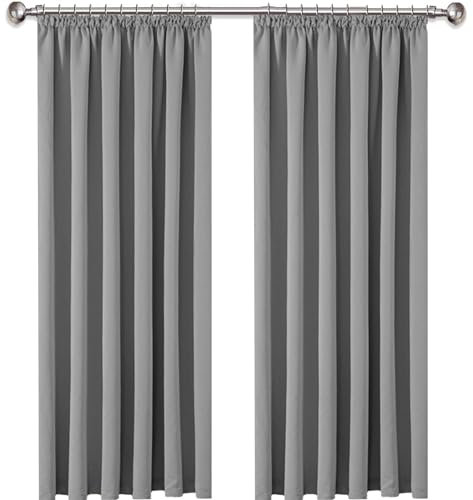 AMEHA Blackout Curtains Pencil Pleat for Bedroom 66 x 54 Inch Energy Saving Tape Top Light Grey Curtain Two Panels with Tie Backs