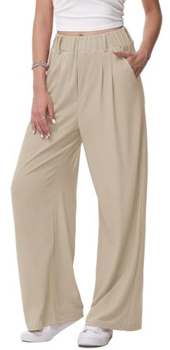 HMIYA Weite Hosen Damen-Lässig Locker Stoffhose Leichte Palazzo Hose Hohe Taille Dünne Herbst Hosen mit Tasche,Khaki,XL