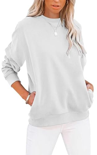 Cuptacc Langarmshirt Damen Pullover Herbst Rundhals Sweatshirt Damen Elegant Rundhals Taschen Oberteile Weiß XL 46-48
