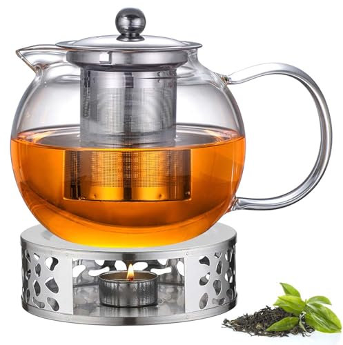 1300ml Teekanne mit Siebeinsatz und Deckel, Teekanne aus Glas Borosilikat, Glas Teebereiter mit Abnehmbare Siebeinsatz & Stövchen, Glasteekanne für Losen Tees Fruchttee Duftender Tee