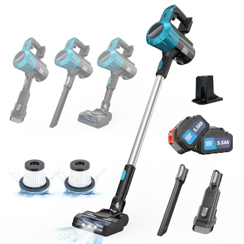Akku Staubsauger für Makita Akku 18V, 45000Pa 550W Staubsauger kabellos, 6-in-1 Kabelloser Handstaubsauger, LED-Beleuchtung für Teppich, Hartböden, Tierhaare, Auto, 2PCS 5500mAh Batterien