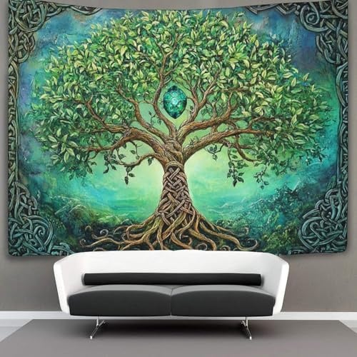 kaiyun Arbre de vie Tenture Murale Tapisserie,Runes Viking Tapisseries Décoration Murale,art Mural Au Plafond 180cmx230cm