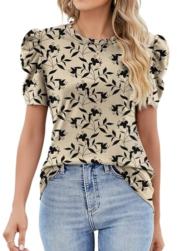 IECCP Womens Puff Short Sleeve Tops Lace Crew Neck T-Shirts Casual Loose Blouses Tunic(Apricot Background Print,XXL)