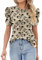 IECCP Womens Puff Short Sleeve Tops Lace Crew Neck T-Shirts Casual Loose Blouses Tunic(Apricot Background Print,XXL)