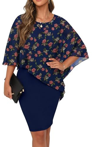QIXING Womens Summer Casual Dress Loose Batwing Sleeve Crew Neck Chiffon Cape Elegant Midi Cocktail Pencil Dresses for Women UK for Funeral Party Wedding(Navy Blue Rose, L)