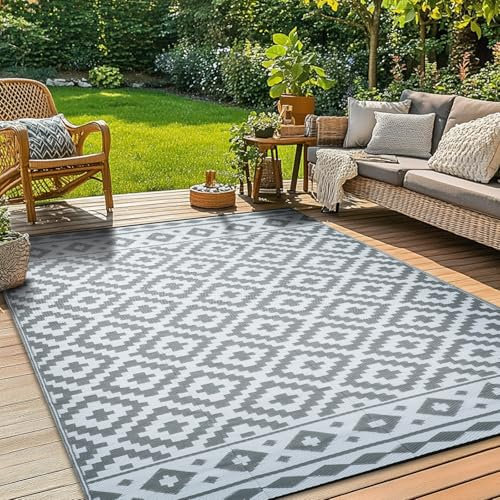 Xfrog Large Outdoor Rugs for Patios Waterproof Indoor & Outdoor Recycled Plastic Carpet Area Rugs for Porch, Deck, Balcony, Garden, Picnic, Kitchen, Hallway Modern Grey & White 180 x 270 cm