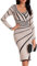 OUSIMEN Women Dress Long Sleeve V-Neck Midi Maxi Casual Bodycon Ladies Side Slit Striped Sweater Dress Apricot