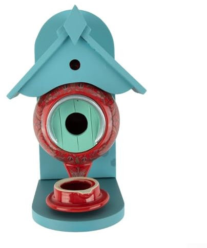 ZMdooreasy Teekanne Vogelhaus Futterspender Outdoor Vogelfutterspender Holz Vogelhaus Futterspender Hängendes Vogelhaus für Garten, Hinterhof, Veranda (rot)