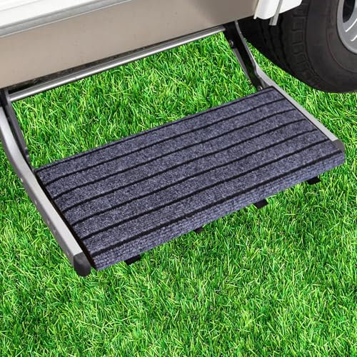 FENGQQKJ Verstellbarer Schwarz Teppich für Wohnmobil Trittstufe, rutschfeste Fußmatte für 7-10'' Tiefe Wohnmobiltrittstufen, Schnallenverschluss Wohnmobil Fußmatten 46 * 46cm