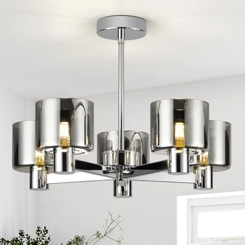 HARPER LIVING Modern 5-Light Chandeliers Ceiling Light, Chrome Semi Flush Ceiling Lamp with Smoked Glass Shades, 5xG9 Ceiling Lamp for Living Room Bedroom Dining Room Hallway
