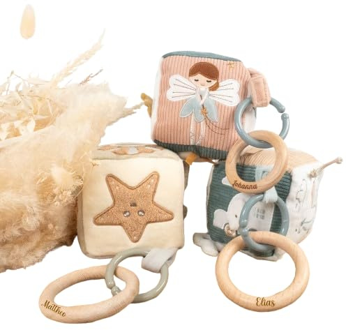 minipishop Babygeschenk zur Geburt ab 0 Monate, Motorikwürfel personalisiert als Baby Spielzeug, Spielwürfel Baby, Aktivitätswürfel aus Stoff als Geschenk zur Geburt für Junge und Mädchen, Fühlwürfel