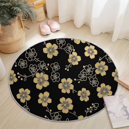 Teppich Rund 150 cm Japanischer Stil Floral Minimalistisch Gelb – Rutschfester Kurzflor Teppich Für Wohnzimmer Schlafzimmer Kinderzimmer Büro Spielzimmer Waschbar Modern Dekorativ Weich