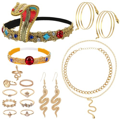Camptrip 15 Stück Altägyptisches Kostüm Zubehör, Ägyptischer Schmuck | mit Schlangen Stirnband, 2 Lagige Halskette, Oberarmreif, Ohrringe, Ring und Armband Cleopatra Kostümfür Karneval, Maskerade