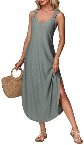Damen Sommerkleid Ärmellos V-Ausschnitt mit Ring-Trägern – Lockeres Maxikleid