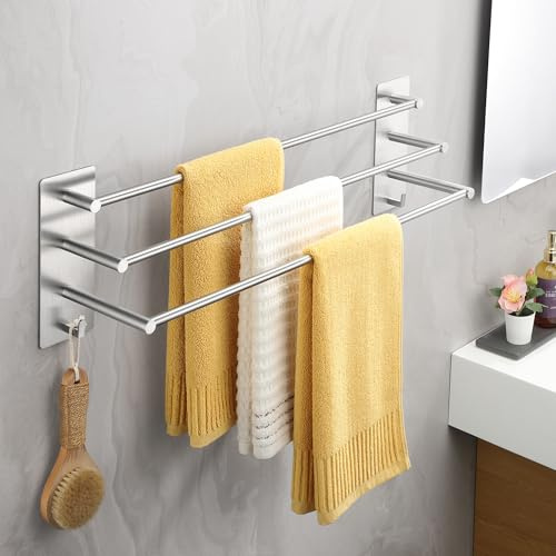 ALOCEO Handtuchhalter Ohne Bohren 3 Stangen 60CM Silber | Selbstklebend Handtuchhalter aus Edelstahl 304 Handtuchstange Wand für Badezimmer, Küche, Glasduschwand