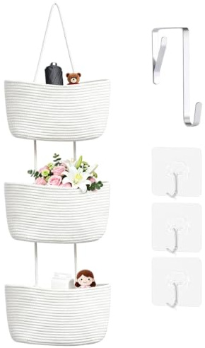 KEGOZ Wall Hanging Cotton Baskets, 3-Tier Woven Cotton Wall Basket,Woven Rope Over The Door Storage Wall Mount Hanging Cotton Baskets for Bedroom, Bathroom & Livingroom (White)