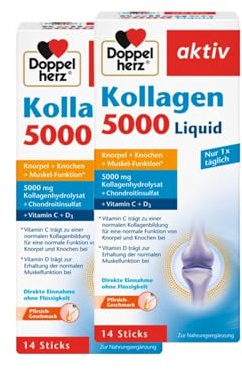 Doppelherz aktiv Kollagen 5000 Liquid - mit Kollagenhydrolysat, Chondroitinsulfat, Vitaminen und Mangan - 28 Sticks mit Pfirsich-Geschmack