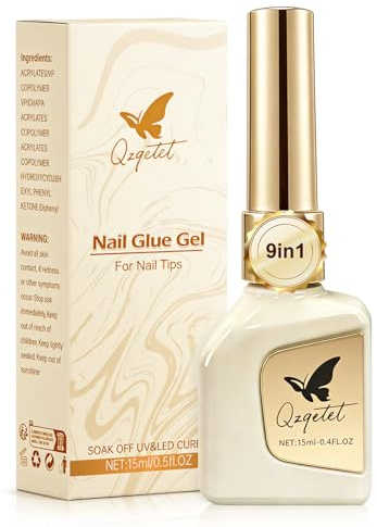 9 in 1 Nagelkleber 15 ml, Vielseitiger Kleber für Kunstnägel & Nail Art | Multifunktions Kleber für Press On Nägel, Nail Tips & Strass, Pinsel-Applikator, UV/LED Erforderlich, kein HEMA & TPO