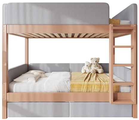 SOFTWEARY Etagenbett mit gepolstertem Rausfallschutz und Schubladen, 90x200cm, Kinderbett mit Trittleiter und Lattenrost, Massivholz