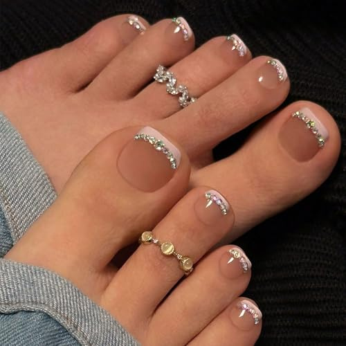 LunarCharm 24 pièces de faux ongles de pied autocollants, French Tip blanc, brillant avec design estival, ongles de pied en acrylique réutilisables pour manucure féminine