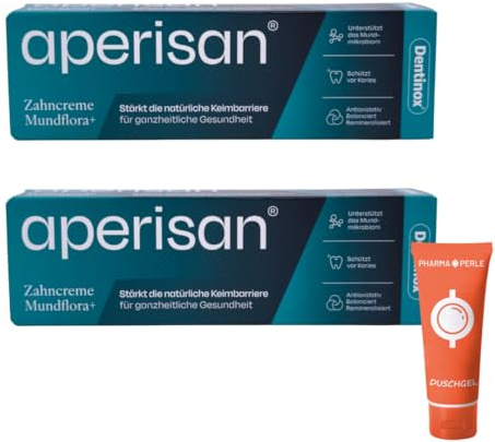 Aperisan Zahncreme Mundflora+ 75 ml I Zahnpasta empfindliche Zähne I Fluorid 1450 ppm I Mundflora Zahnpflege I sanfte Reinigung ohne SLS I Zahnschmelzpflege I mit Pharma Perle Duschgel (2x)
