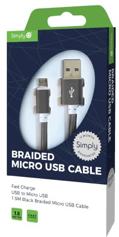Simply ICMC03 Micro USB to USB 1.5 m Long Braided Charging Cable for Smartphones, Tablets, Sat Navs & Playstation 4 Controllers,Black