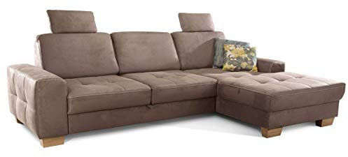 Cavadore Ecksofa Puccino mit Federkern, Bettfunktion, verstellbarer Rückenlehne und 2 Kopfstützen / Couch in L-Form im Landhausstil / 281 x 86 x 178 cm / Mikrofaser hellbraun