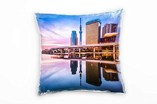 Paul Sinus Art City, Tokio, Japan, Abend, Spiegelung, rosa, blau Deko Kissen 40x40cm für Couch Sofa Lounge Zierkissen - Dekoration zum Wohlfühlen