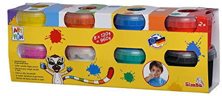 Simba 106334439 - Art & Fun Fingermalfarben, 8X 120g, weiß, blau, grün, orange, schwarz, rot, rosa, gelb, ab 2 Jahren