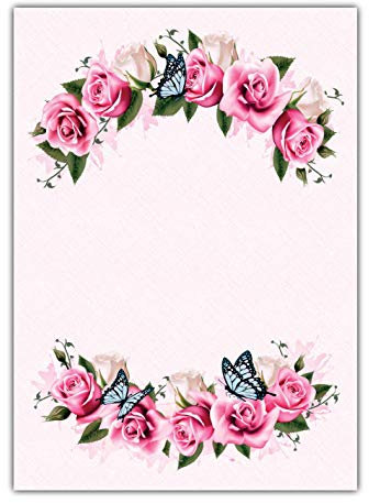 Blumen Motivpapier Briefpapier pink rosa Rosen mit blauen Schmetterlingen (MPA-5212, DIN A4, 100 Blatt)