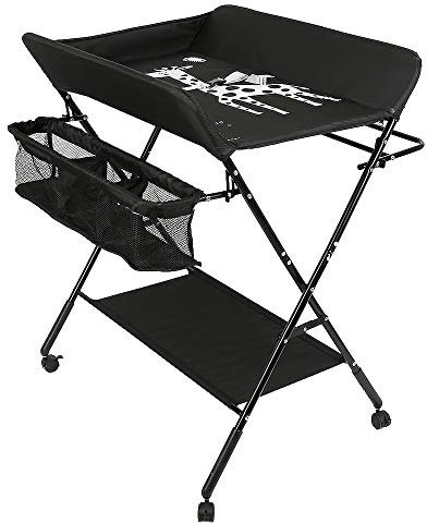 Wickeltisch Klappbarer und tragbarer, Wickelkommode Baby mit Motiv Giraffe, Höhenverstellbar, Wickeltisch mit Rollen 80 * 66 * 98 cm (schwarz)
