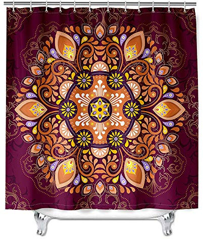 Mandala Duschvorhang Wasserdicht, Chickw1 Waschbar Badewanne Vorhang aus Polyester, Bad Vorhang mit 12 Duschvorhangringen, Duschvorhänge für Badezimmer Decor (Pflaumenfarbe,180x180cm)
