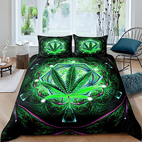Loussiesd Marihuana Gras Blatt Bettbezug Set Cannabis Bl?tter Bettw?sche Set 135x200cm Botanische Pflanzen Druck Betten Set für Kinder Teenager Schlafzimmer Dekor Boho Psychedelisch Grün Bl?tter