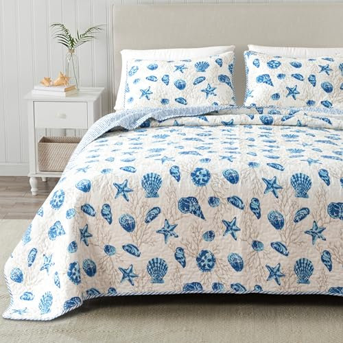 Great Bay Home Bettwäsche-Set für King-Size-Betten, Sommerküstendecke mit Kissenbezügen, Strand, 3-teilig, wendbar, ganzjährig, leicht, nautisch, gesteppt, Bali-Kollektion, blau