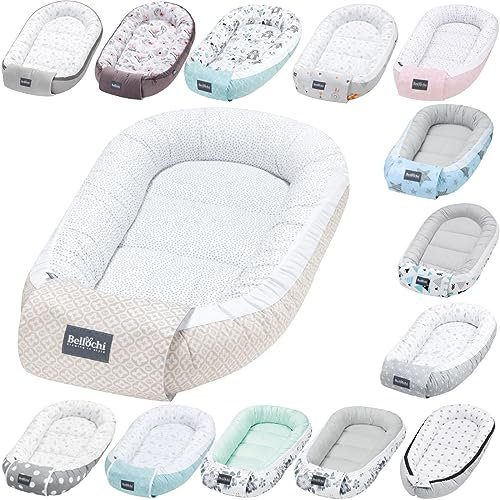Bellochi Growing in style Premium Babynestchen Neugeborene - Nestchen Baby 90x60x12cm - 100% Baumwolle - Baby Nest, Baby Nestchen Junge, Baby Nestchen Mädchen, Baby Zubehör - Beige Dots