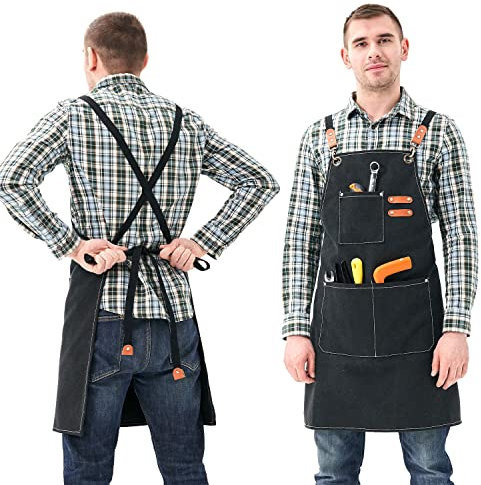LAT LEE AND TOWN Arbeitsschürze herren mit 3 Werkzeugtaschen,Unisex-Schürze mit verstellbarem Gürtel für die Arbeit, Backen, Garten, Küche, Grillen (Schwarz)