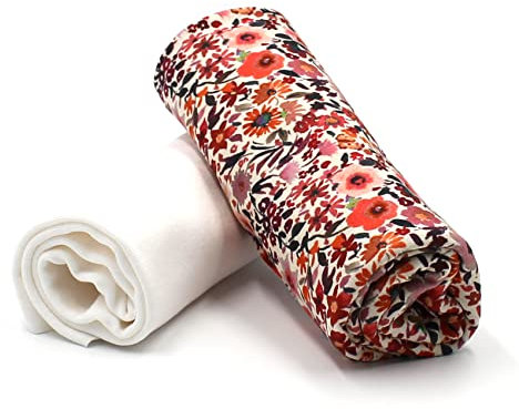 Stoffpaket 0,5m Jersey + 0,5m Bündchenstoff zum Nähen von Kinderkleidung Kinderstoff Jerseystoff (Blumen rötlich + Ecru (Set47))