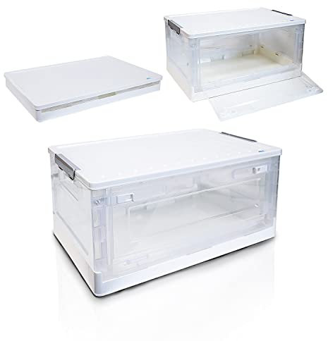 SIC Caja de Almacenamiento Plegable Transparente con Puerta Frontal, Cajas de Almacenamiento de Plástico, Organizador Maletero de Coche, Armarios, Hogar, Despensa(42 x 28 x 21 CM, Blanco)