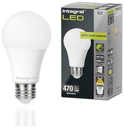 Integral LED E27 Non-Dimmable Dusk to Dawn Dual Sensor Frosted GLS Bulb – Warm White 2700K, 470lm, 4.8W (40W Equivalent) - Energy efficient and Ideal for Outdoor, Porch, Garage, Garden, Patio