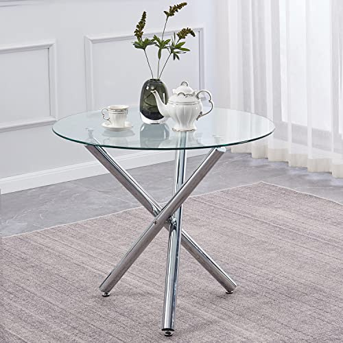 TRESBIEN Round Glass Dining Table with Tempered Glass Top and Tripod Metal Leg, Round Kitchen Table for Restaurant 90 x 90 x 75 cm (Chrome Silver)