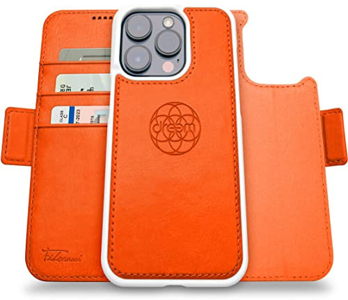 Dreem Fibonacci kompatibel mit iPhone 14 Pro Max Brieftaschen-Etui / 2-in-1 stoßfestes Etui und abnehmbares Folio aus veganem Leder, MagSafe-kompatibel, RFID-Schutz [Orange]