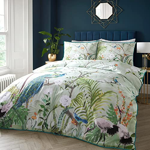 SOIREE Jungle Peacock Duvet Cover Set – Double Size 200 x 200cm – Cotton Sateen – Tropical Birds & Animals – Piped Edge – Reversible – 2 Pillowcases – Luxury Green Bedding