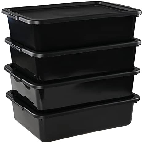 Obstnny 13 L Washing Up Bowl with Lid, 4 Pack Rectangular Bus Tub, Black Wash Bowl