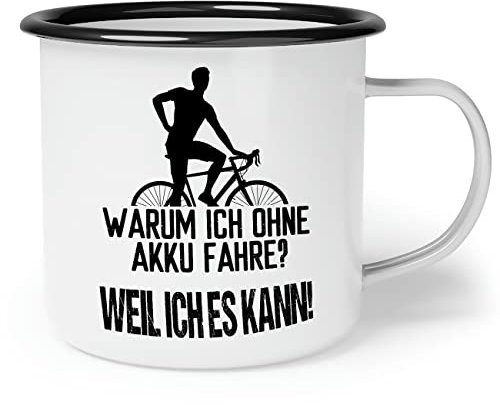 OM3® lustige Fahrrad Emaille-Tasse mit Spruch - Warum ich ohne Akku fahre? - Weil ich es kann | Emailletasse Emaille Becher | 12oz 300ml | Beidseitig Bedruckt | Weiß-Schwarz
