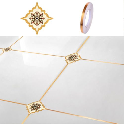 1 Rolle metallisierte Polyester Mylar Film Tape und 36 PCS Fliesen Diagonal Aufkleber,Craft dekorative Klebeband, selbstklebende Fliesen Naht Aufkleber,für Wand, Schlafzimmer, Wohnzimmer,Küche (Gold)