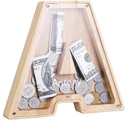 Kinsinder Holz Buchstaben Spardose, Holz Spardose Kinder Personalisierte Kreative Brief Münzbank Spardose mit Alphabet Aufklebern für Familie, Weihnachten, Geburtstag, Geschenk (A, S)